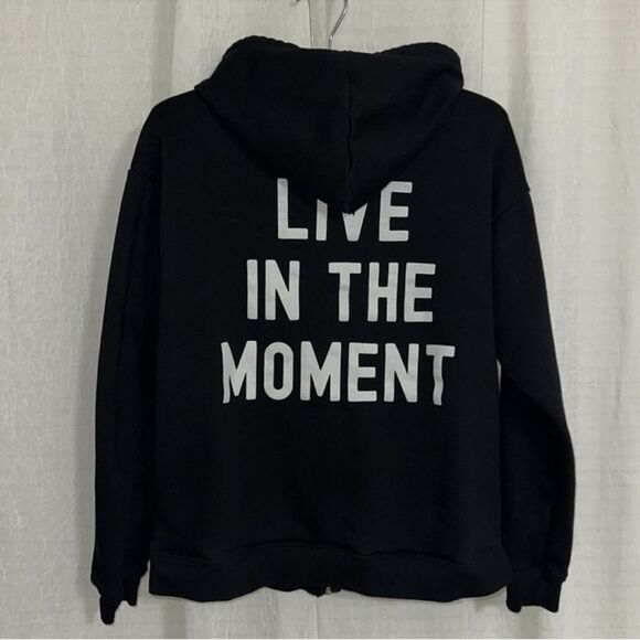 Tillys XS Black White Cotton Unique Live in the Moment Print Full Zip Hoodie - Picture 4 of 14
